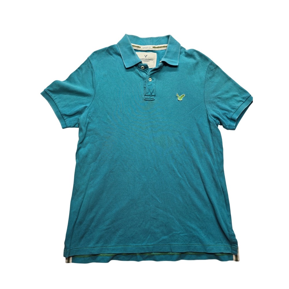 American Eagle Men XL Polo Shirt Vintage Fit Teal Blue Cotton Pique Short Sleeve